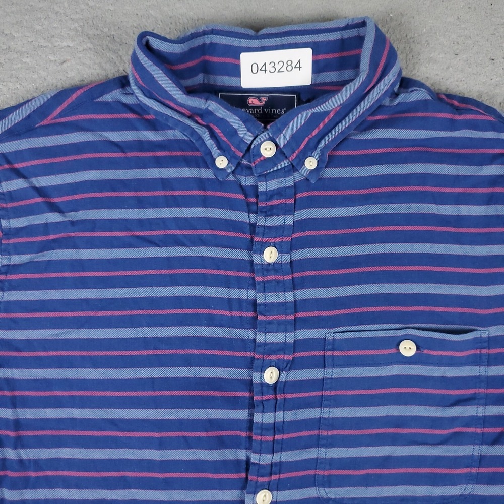 Vineyard Vines Shirt Mens Medium Blue Striped Whale Button Up Short Sleeve *